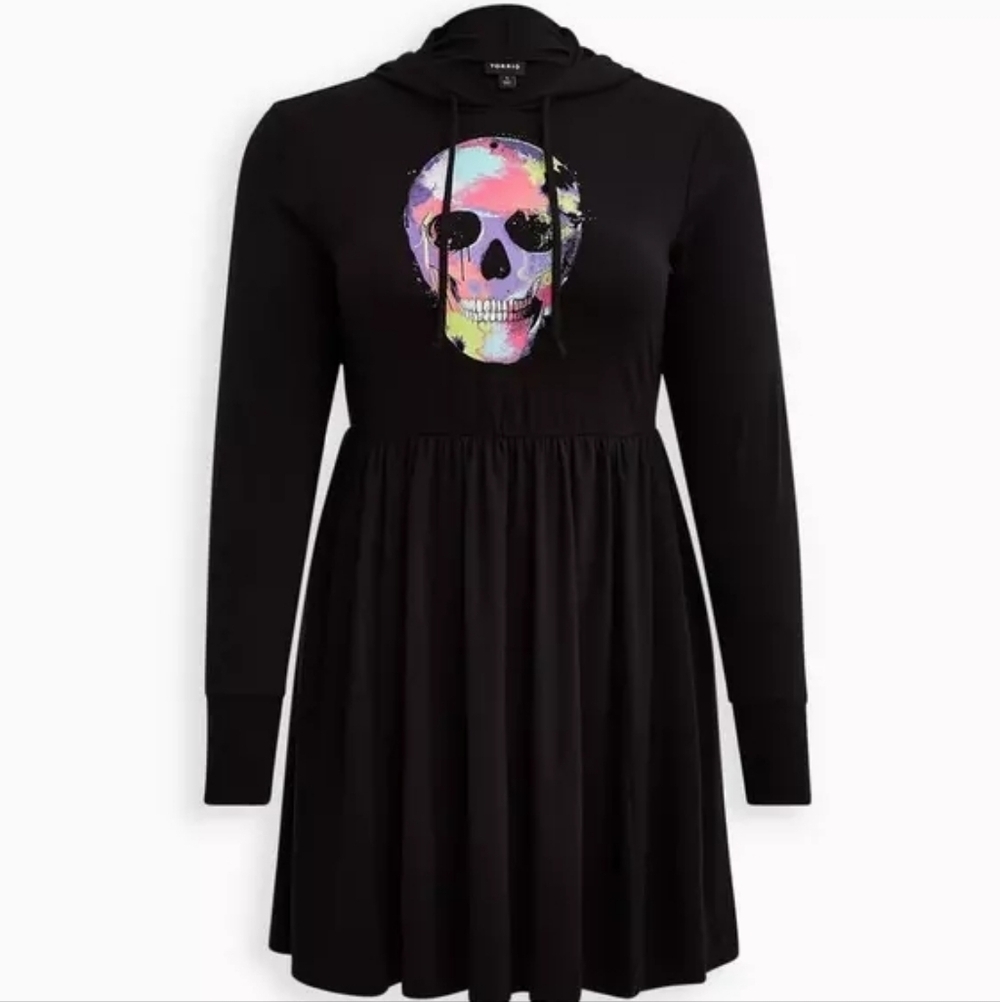Torrid Black Hooded Skull Graphic Dress – Super Soft Knit Pockets Size 2 NWOT